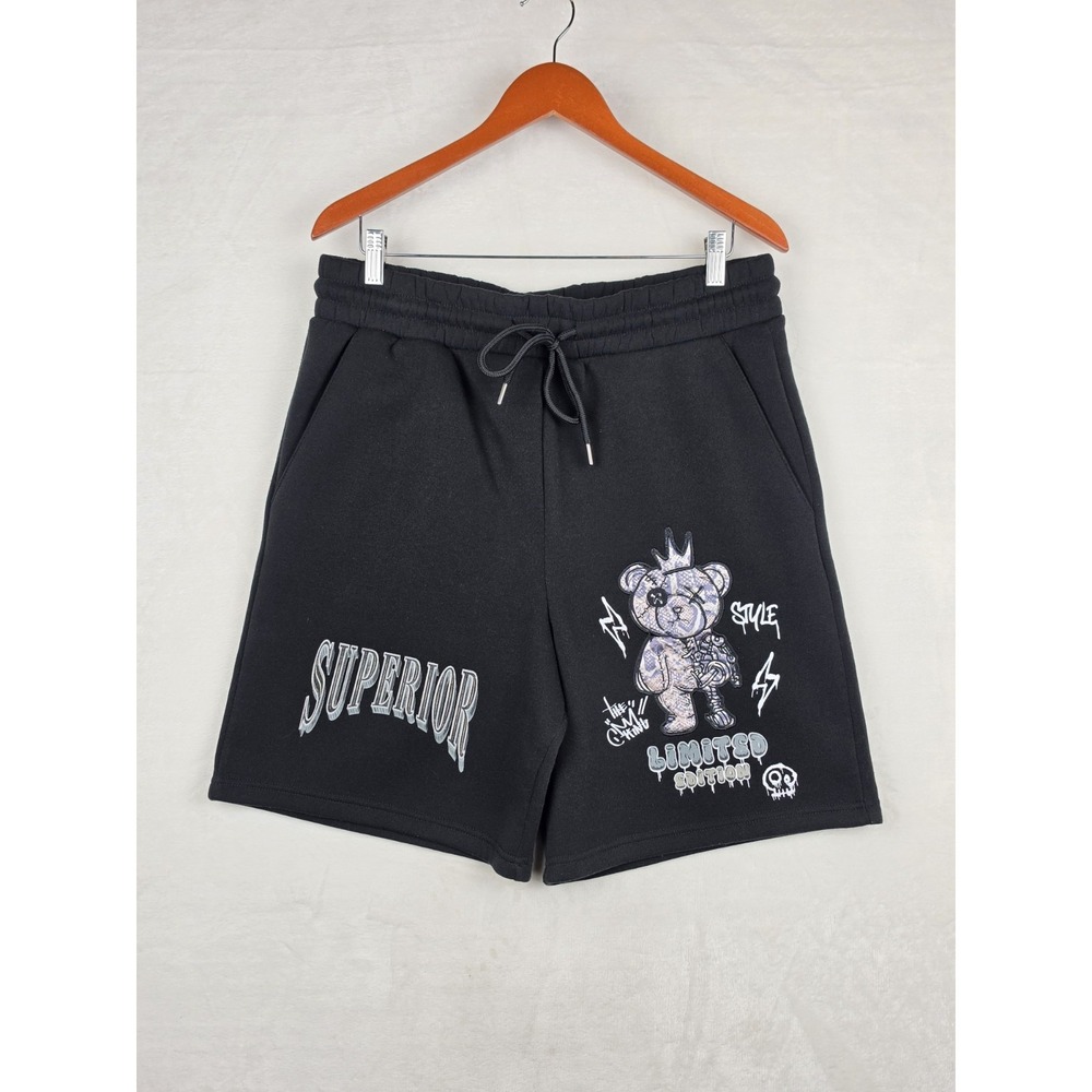 Rebel Vengeance Superior Mens Large Sweat Shorts Black Bear Graphic Print